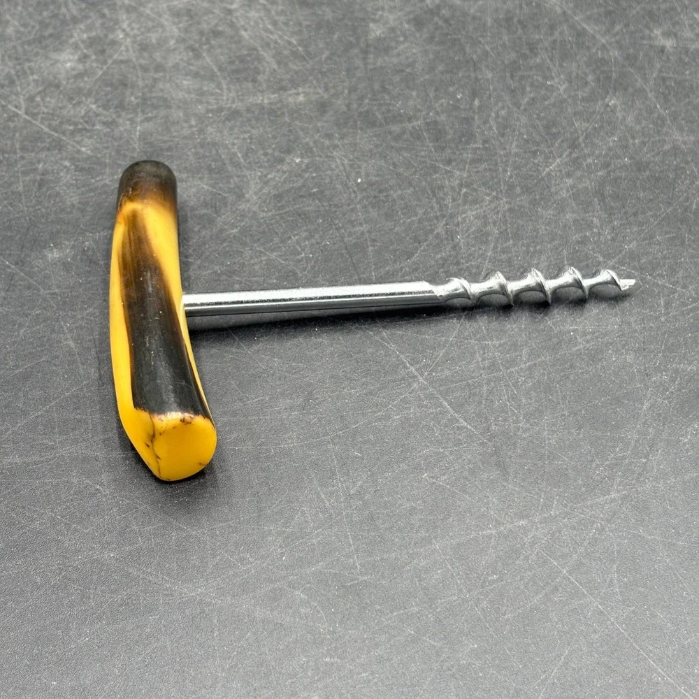 Vtg MCM T-Handle Corkscrew Faux Horn Marbled Yellow Brown Barware Wine Opener